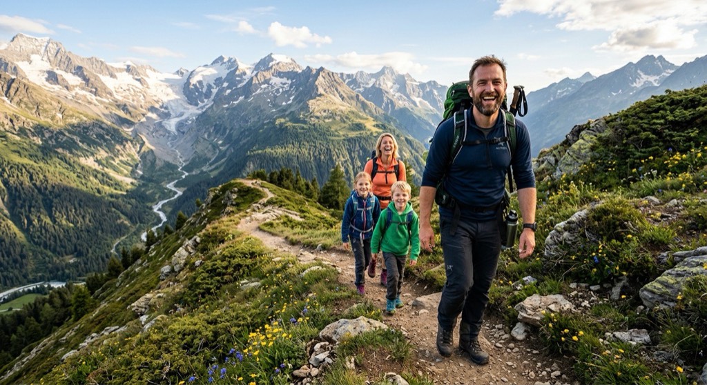 Man hiking with family